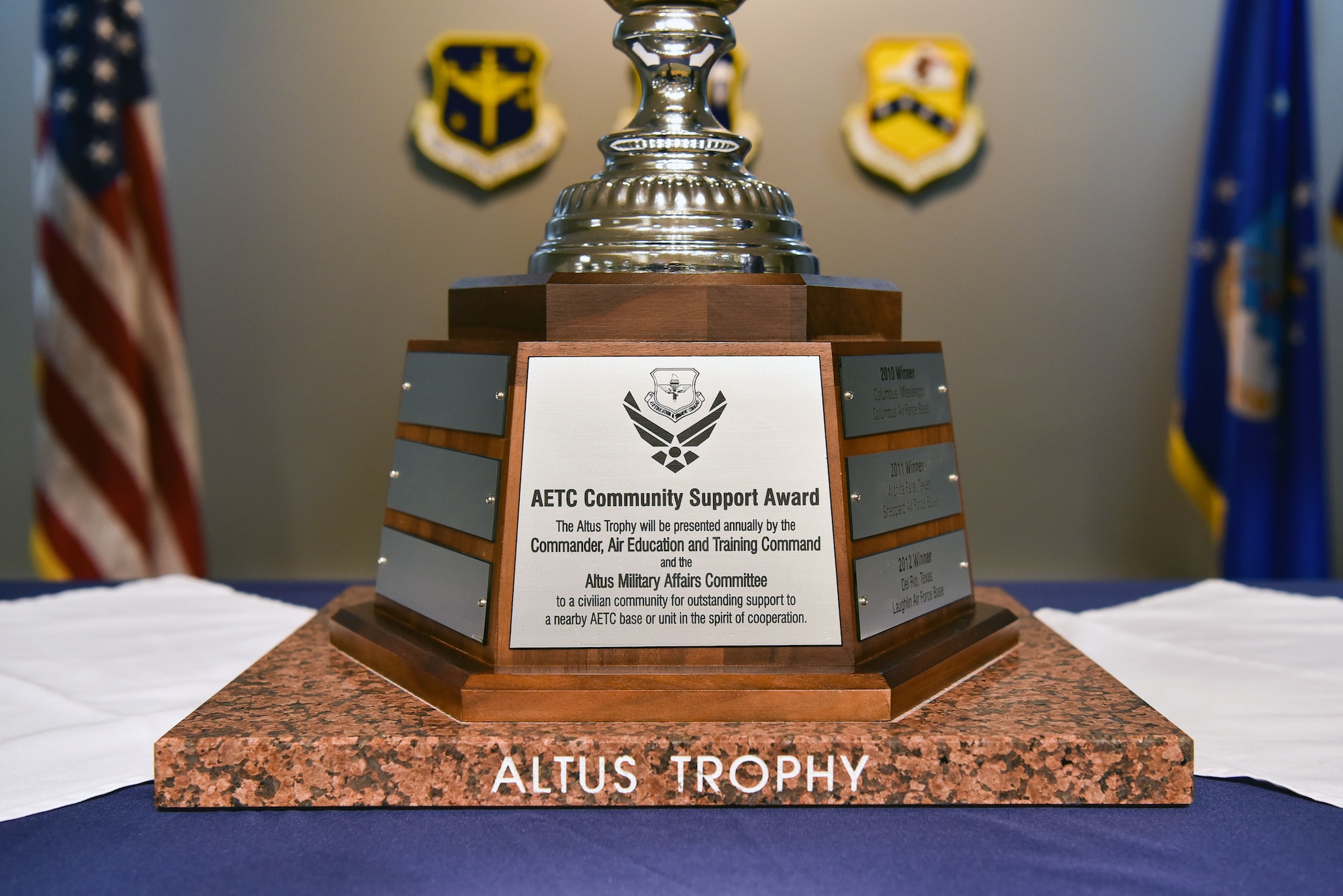 A trophy sits on display