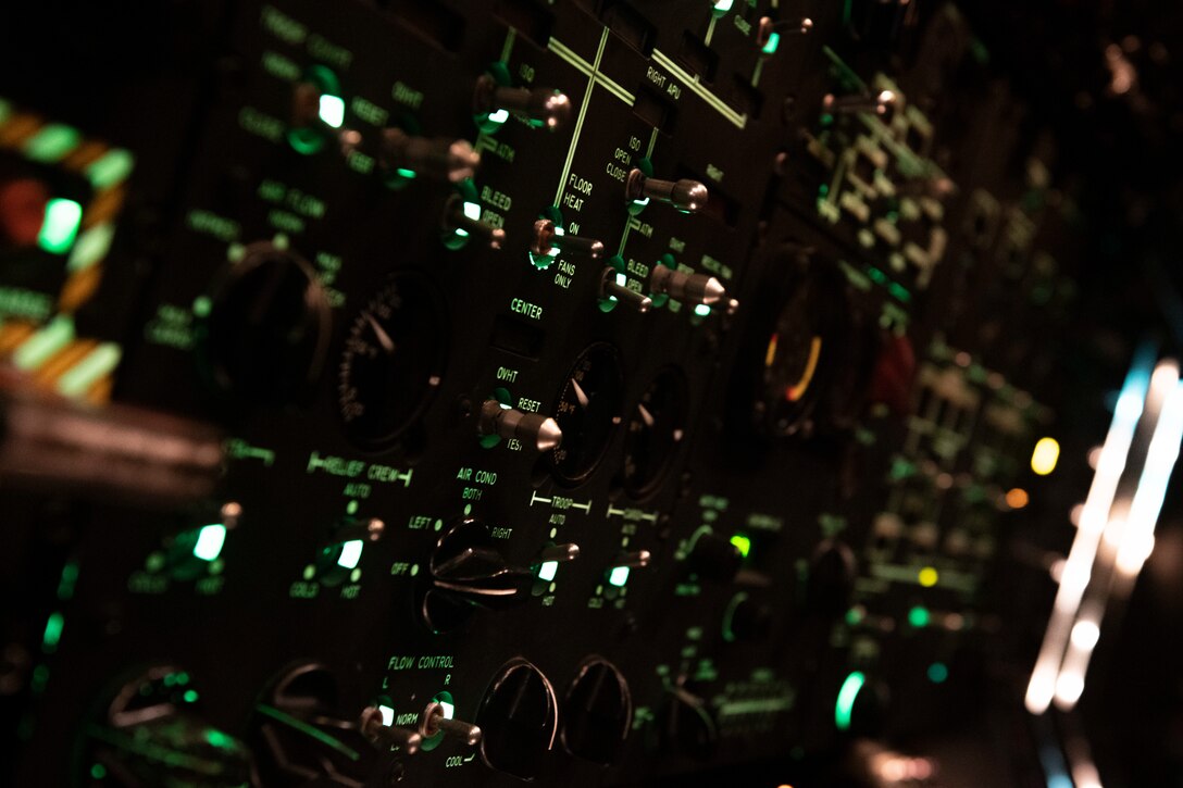 Power runs through a control board on a C-5M Super Galaxy that was at Yokota Air Base, Japan, Sept. 15, 2021. The 730th Air Mobility Squadron performed familiarization on the board and learned about the various fuel functions it provides. (U.S. Air Force photo by Staff Sgt. Joshua Edwards)