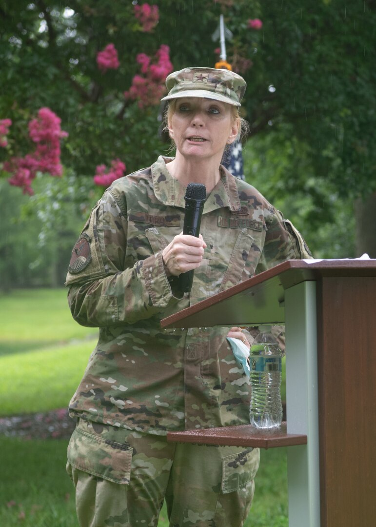 Brig. Gen. Toni M. Lord, Virginia National Guard Air Component commander addresses members from the 185th Cyberspace Operations Squadron before their upcoming mission with family and command leadership during send-off ceremonies Aug. 7, 2021, at Joint Base Langley-Eustis, Virginia.