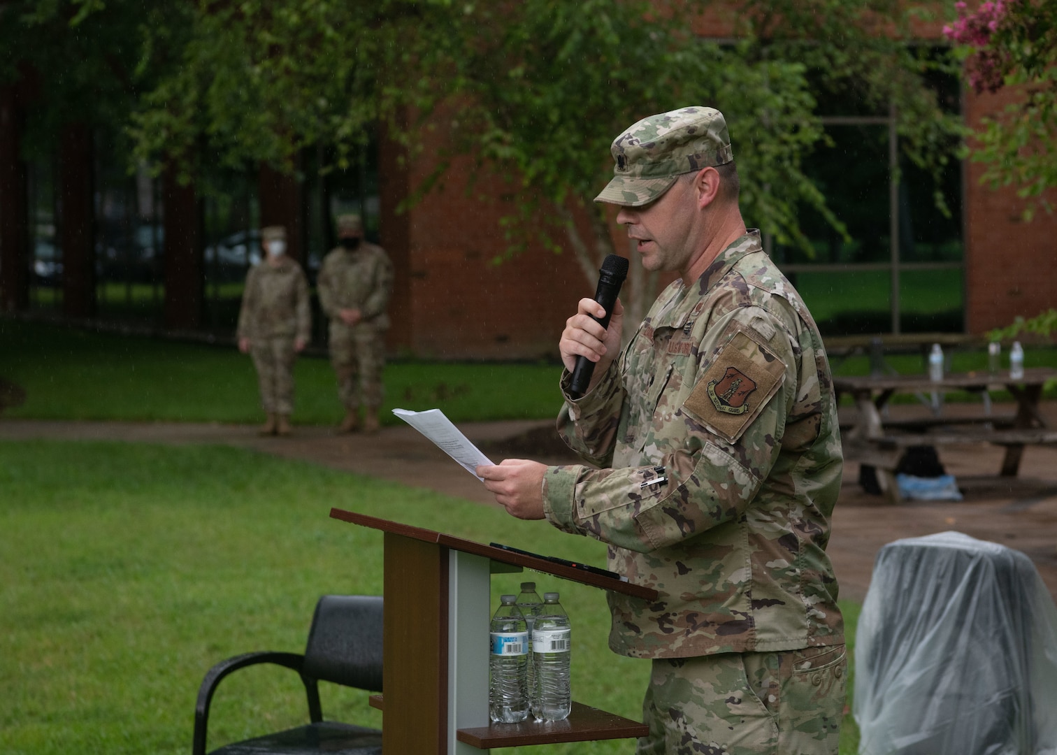 Virginia Air National Guard members from the 185th Cyberspace Operations Squadron celebrate their upcoming mission with family and command leadership during send-off ceremonies Aug. 7, 2021, at Joint Base Langley-Eustis, Virginia.