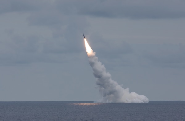 An unarmed Trident II D5LE missile launches from the Ohio-class ballistic missile submarine USS Wyoming (SSBN 742) off the coast of Cape Canaveral, Florida, during Demonstration and Shakedown Operation (DASO) 31.