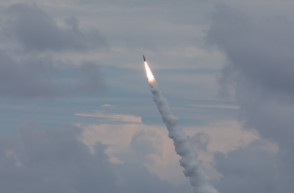 An unarmed Trident II D5LE missile launches from the Ohio-class ballistic missile submarine USS Wyoming (SSBN 742) off the coast of Cape Canaveral, Florida, during Demonstration and Shakedown Operation (DASO) 31.