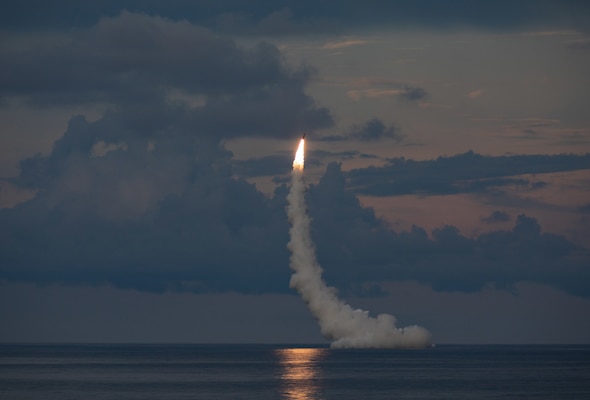 An unarmed Trident II D5LE missile launches from the Ohio-class ballistic missile submarine USS Wyoming (SSBN 742) off the coast of Cape Canaveral, Florida, during Demonstration and Shakedown Operation (DASO) 31.