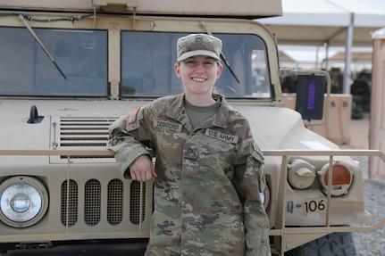 Pfc. Isadora Desrochers, medic with Headquarters Company, 1st Battalion, 279th Infantry Regiment, trains at the National Training Center near Fort Irwin, CA, July 2021. Desrochers, of Canada, first arrived in the U.S. on July 4, 2008. She says she aspires to become a U.S. citizen and plans to take her citizenship test within the next six months.  (Oklahoma Army National Guard photo by Spc. Caleb Stone)