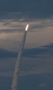 An unarmed Trident II D5LE missile launches from the Ohio-class ballistic missile submarine USS Wyoming (SSBN 742) off the coast of Cape Canaveral, Florida, during Demonstration and Shakedown Operation (DASO) 31.