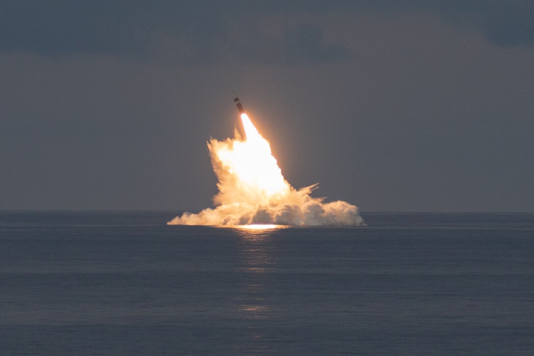 An unarmed Trident II D5LE missile launches from the Ohio-class ballistic missile submarine USS Wyoming (SSBN 742) off the coast of Cape Canaveral, Florida, during Demonstration and Shakedown Operation (DASO) 31.