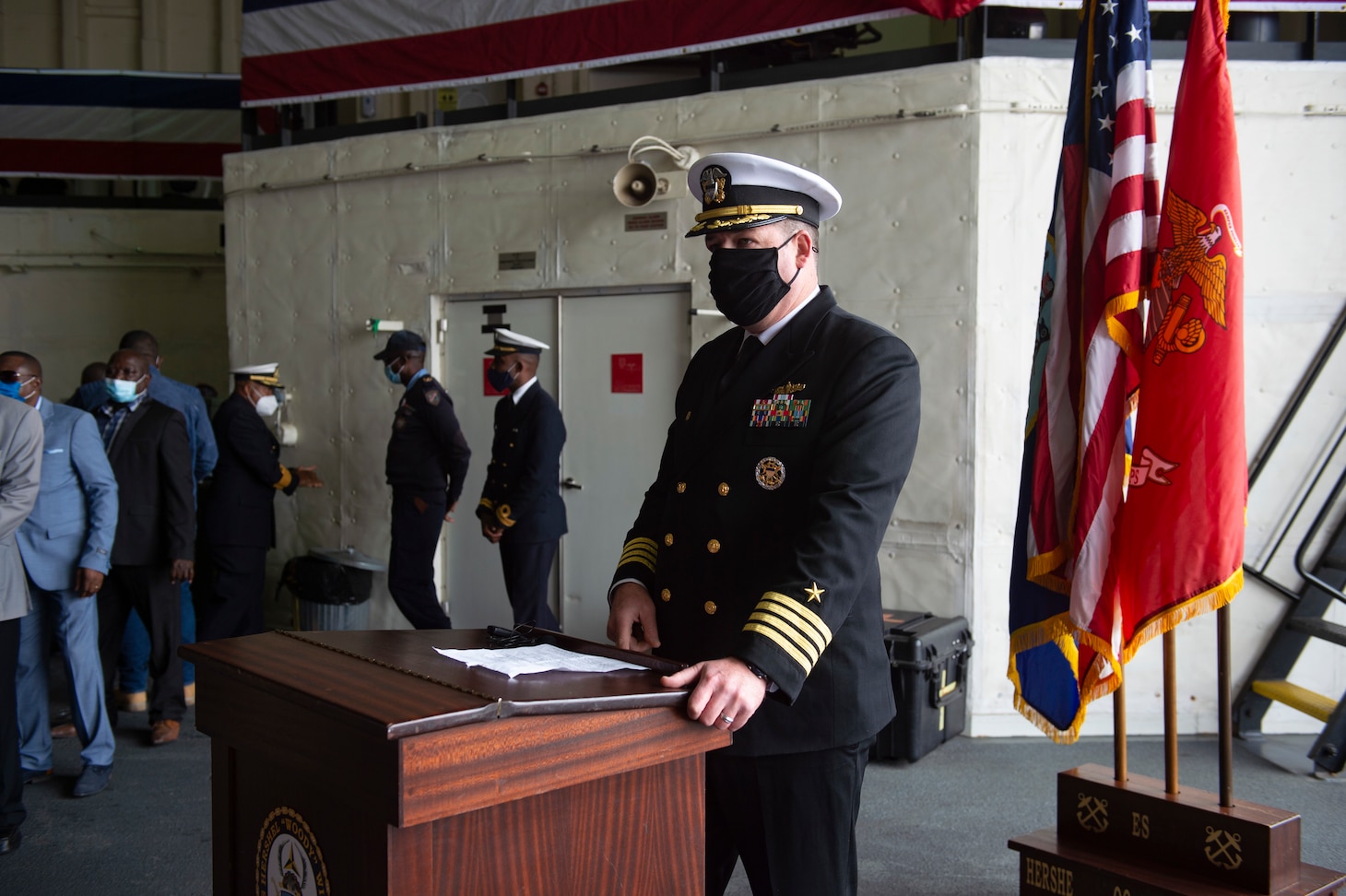 Capt. Chad W. Graham, commanding officer, USS Hershel "Woody" Williams, addresses a reception for Namibian Navy leadership and U.S. embassy personnel following a tour aboard the Expeditionary Sea Base USS Hershel "Woody" Williams (ESB 4), Sept. 17, 2021.