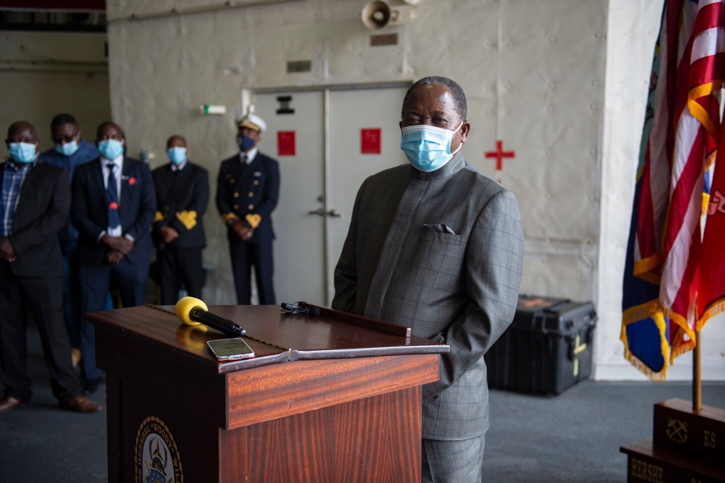 Namibian Minister of Defense Hon. Frans Kapofi addresses a reception for Namibian Navy leadership and U.S. embassy personnel following a tour aboard the Expeditionary Sea Base USS Hershel "Woody" Williams (ESB 4), Sept. 17, 2021.