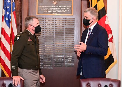 Kristjan Prikk (right), the Estonian Ambassador to The United States of America, met with U.S. Army Maj. In Baltimore, Maryland, Gen. Timothy Gowen (left), adjutant general for Maryland, was at the Fifth Regiment Armory on Sept. 15, 2021.