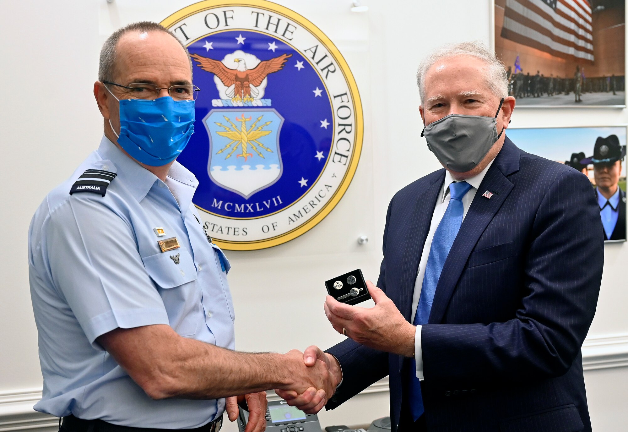 Secretary of the Air Force Frank Kendall poses with Air Marshal Melvin Hupfeld