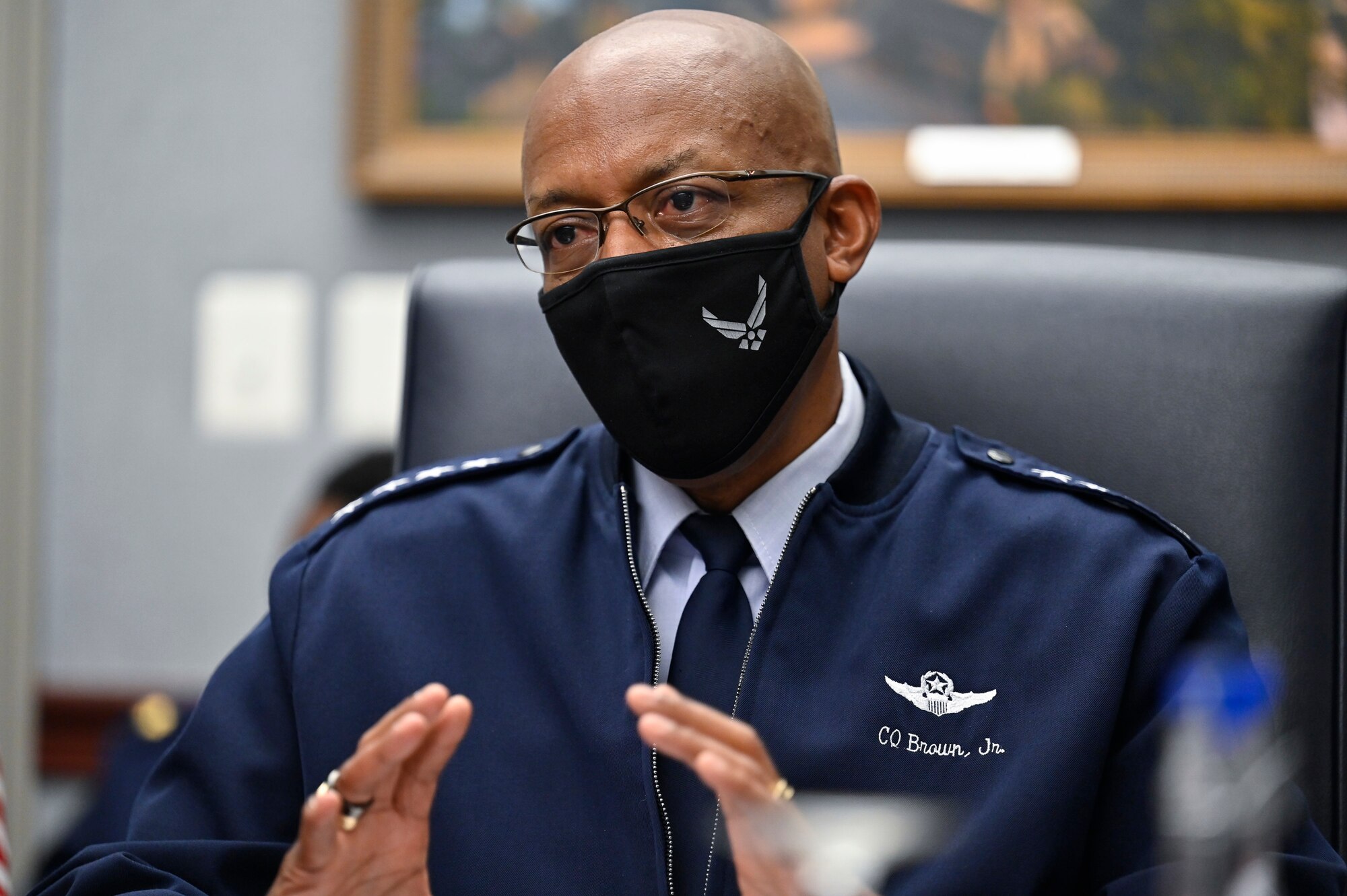 Air Force Chief of Staff Gen. CQ Brown, Jr. speaks with Air Marshal Melvin Hupfeld, chief of the Australian air force, during a meeting