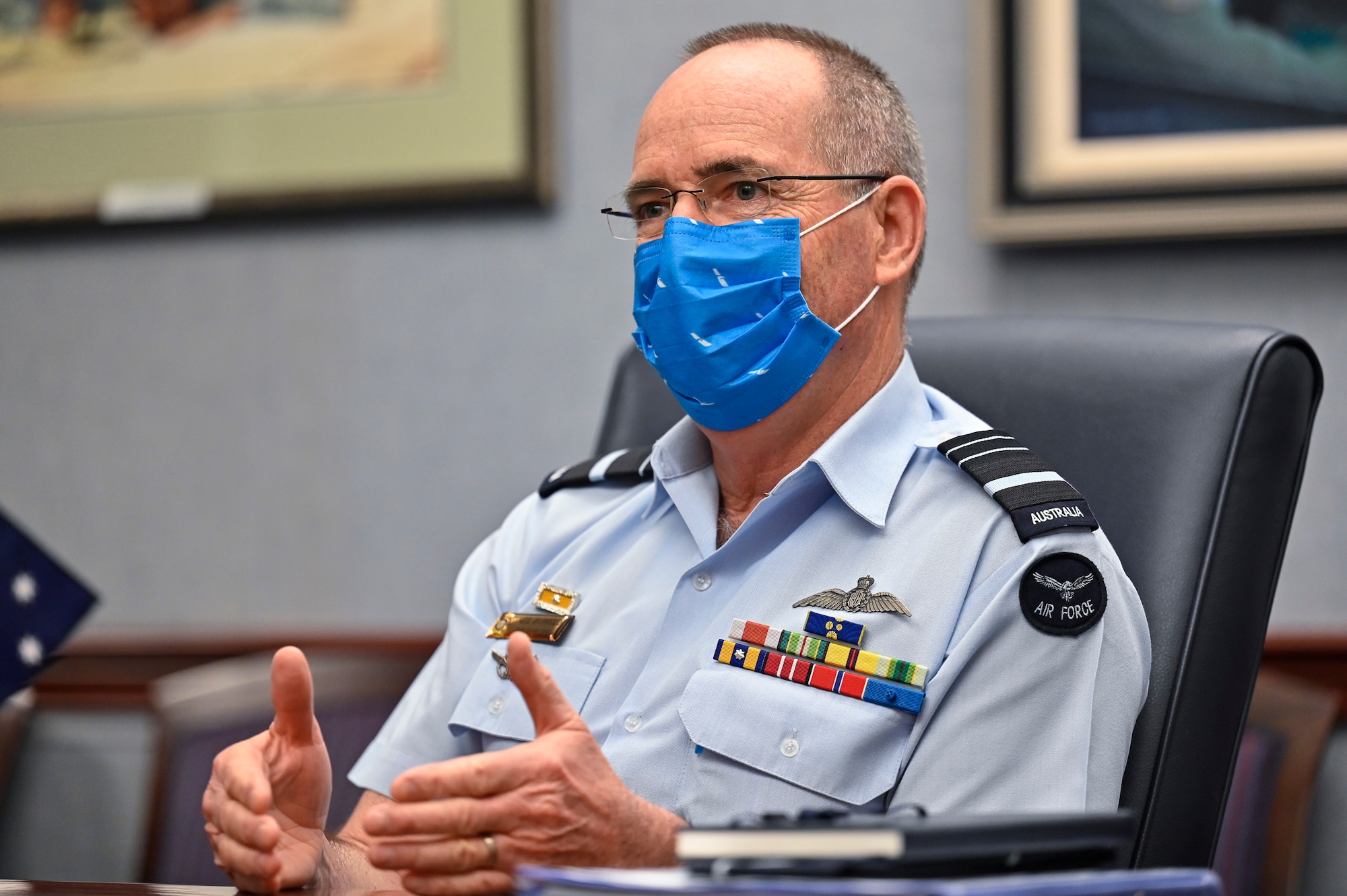 Air Marshal Melvin Hupfeld, chief of the Australian air force, speaks with Air Force Chief of Staff Gen. CQ Brown, Jr. during a meeting