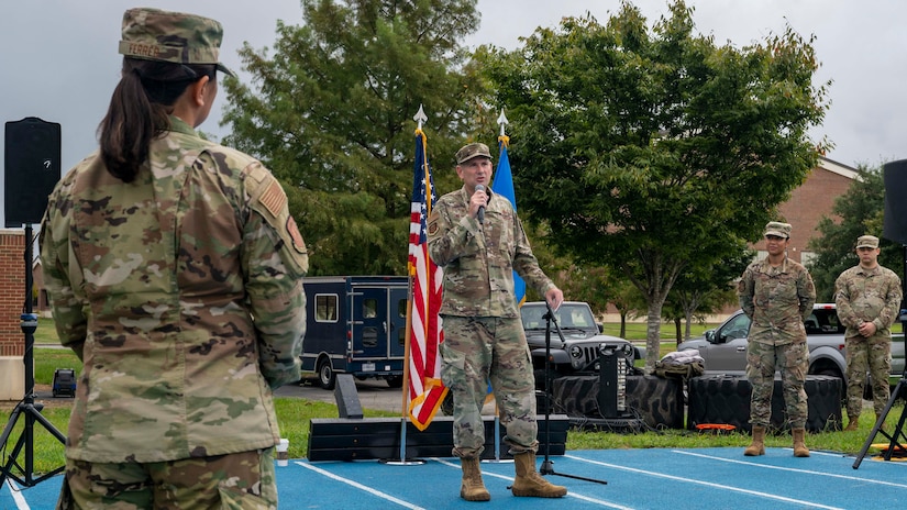 Col Beaulieu speaks to the crowd to close out the POW/MIA walk/run for 2021