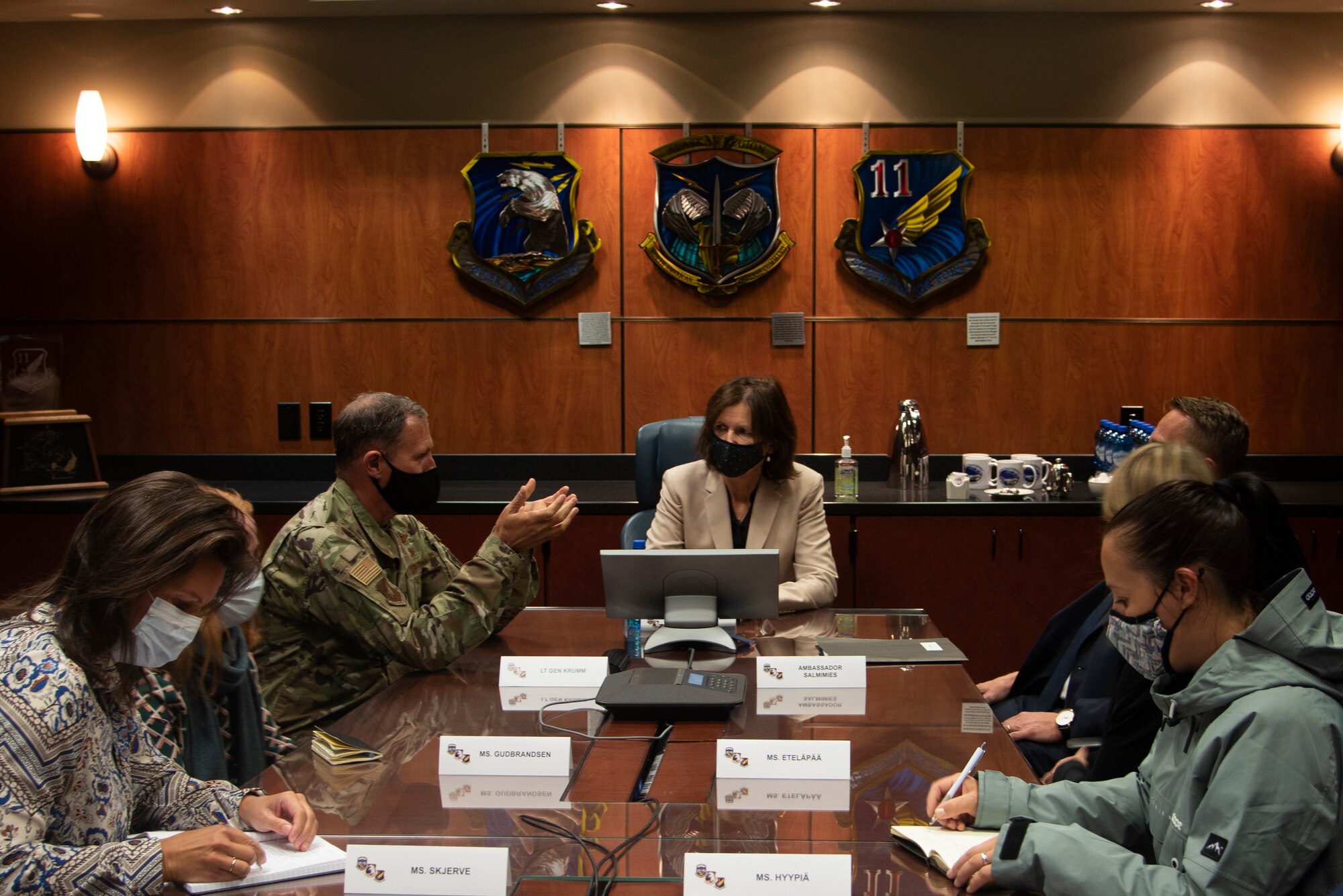 U.S. Air Force Lt. Gen. David Krumm, commander, Alaskan North American Aerospace Defense Command Region, Alaskan Command and Eleventh Air Force, sits down with Norway Ambassador Anniken Krutnes, Consul General of Finland Okko-Pekka Salmimies and their teams to prepare for the Arctic Speaker Series at Joint Base Elmendorf-Richardson, Alaska, Sept. 16, 2021. The series is part of an ongoing effort to open dialogue on the strategic importance of the Arctic.
