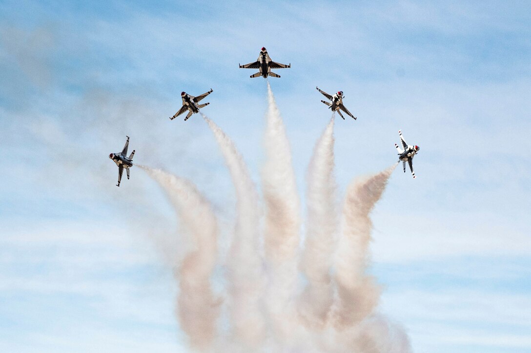 Five aircraft perform during a demonstration.