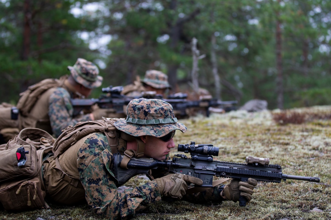 U.S. Marines with 1st Battalion, 6th Marine Regiment, 2d Marine Division, hold a support position during Exercise Archipelago Endeavor, on Berga Naval Base, Sweden, Sept. 11, 2021. Exercise Archipelago Endeavor is a multi-domain, field training exercise that focuses on regional engagements by conducting partnered, maritime raids and military-to-military collaboration, which strengthens operational capabilities and strategic cooperation between the U.S. Marine Corps and Swedish Armed Forces. (U.S. Marine Corps photo by 1st Lt. Paul Ortiz)