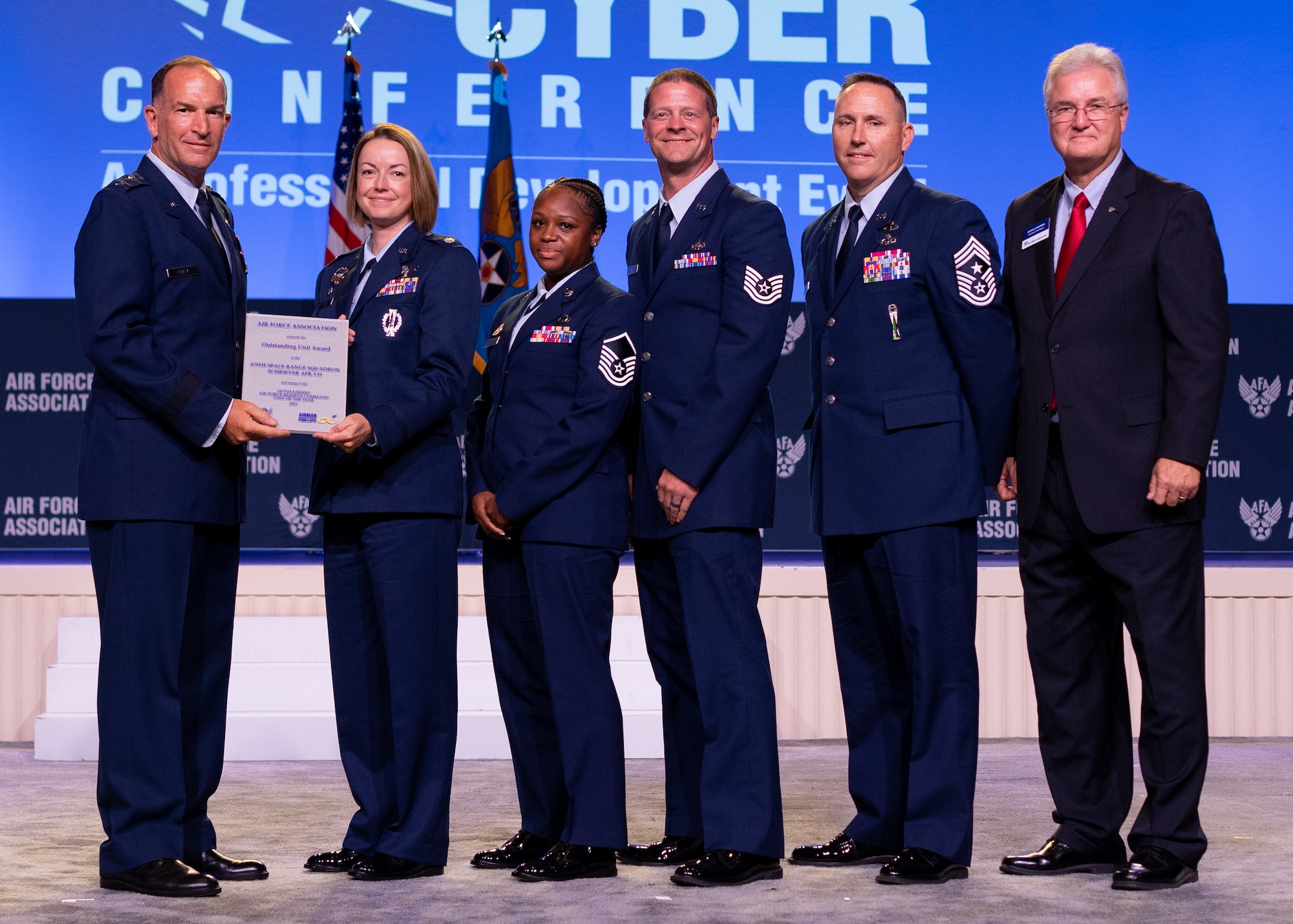 The 379th Space Range Squadron receives the Air Force Reserve Unit Award during the Air Force Association Air, Space and Cyber Conference in National Harbor, Maryland, Sept. 20, 2020.