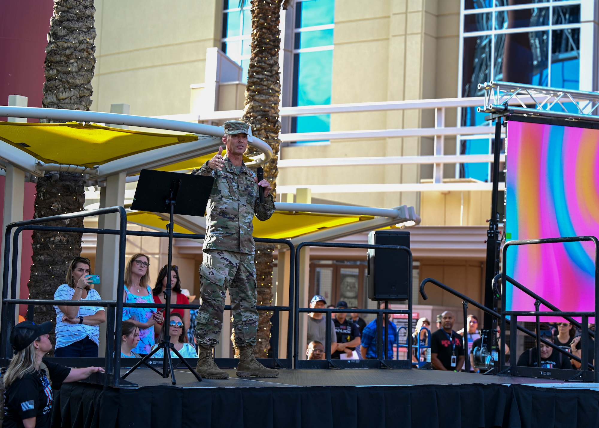 Brig. Gen. Gregory Kreuder, 56th Fighter Wing commander, gives a speech at the 9/11 Tower Challenge at the Gila River Arena Sept. 11, 2021, in Glendale, Arizona.