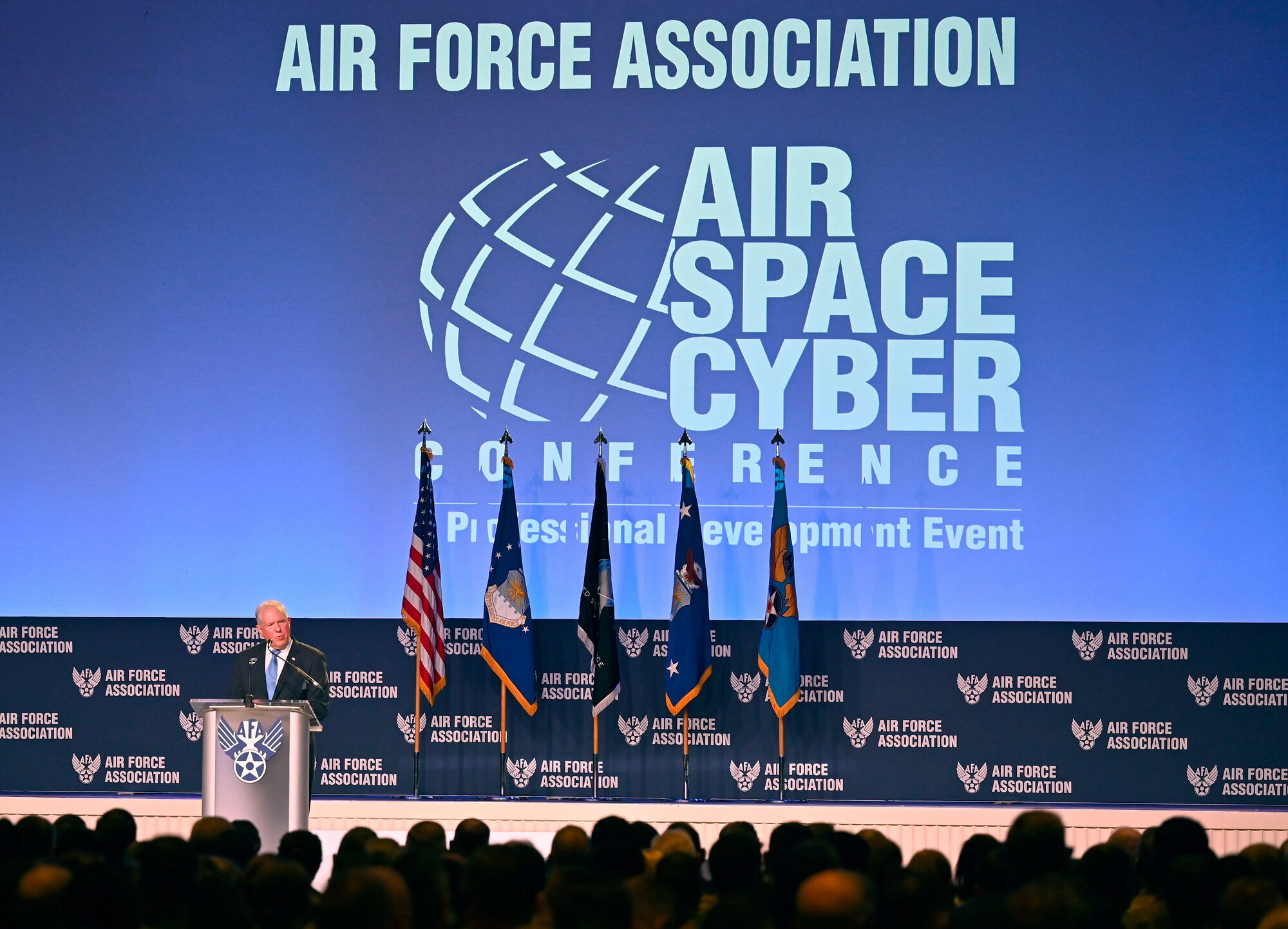 Secretary of the Air Force Frank Kendall delivers remarks during the Air Force Association Air, Space and Cyber Conference in National Harbor, Md., Sept. 20, 2021.