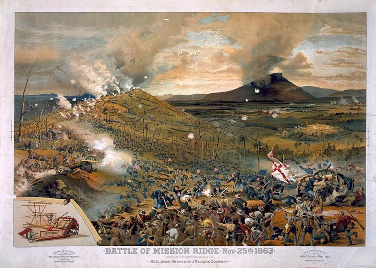 A painting depicts a large battle.