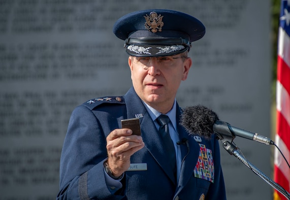 U.S. Air Force Col. Jocelyn Schermerhorn, 1st Special Operations Command commander, speaks during a Hurlburt Field 9/11 Memorial Ceremony