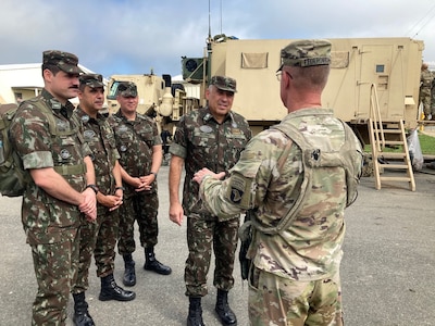 Lt. Gen. Gustavo Dutra, Brazil Army Chief of Land Force Preparation, receives a brief from Col. Mark Federovich, commander, 3rd Infantry Brigade Combat Team, 101st Airborne Division (Air Assault) on North Fort Polk ahead of the Rakkasans' air assault into the box. The Brazilian Army delegation visited the Joint Readiness Training Center at Fort Polk, La., Sept. 16-19 to get an overview on training in preparation for bilateral training between the U.S. and Brazilian armies. These partnerships are vital to our security and prosperity in the hemisphere and to our collective ability to meet complex global threats and challenges.