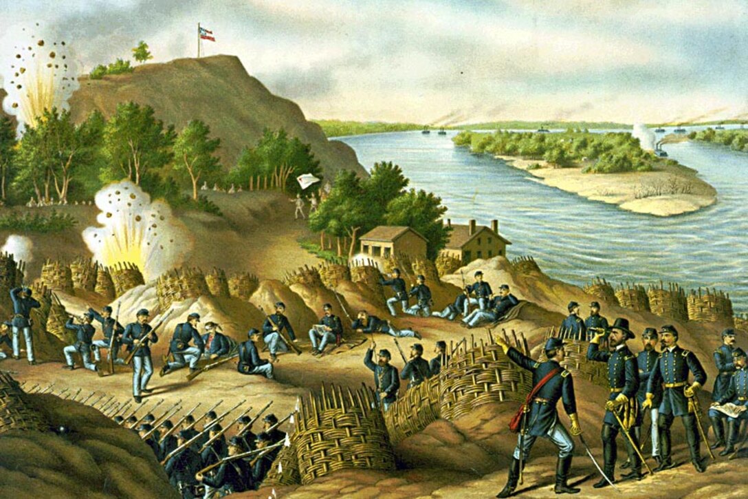 Union troops fire up a hill during the siege of Vicksburg, Miss.