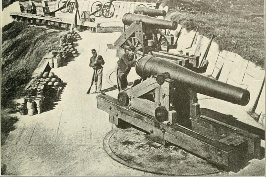 Large cannons are seen during the Civil War.