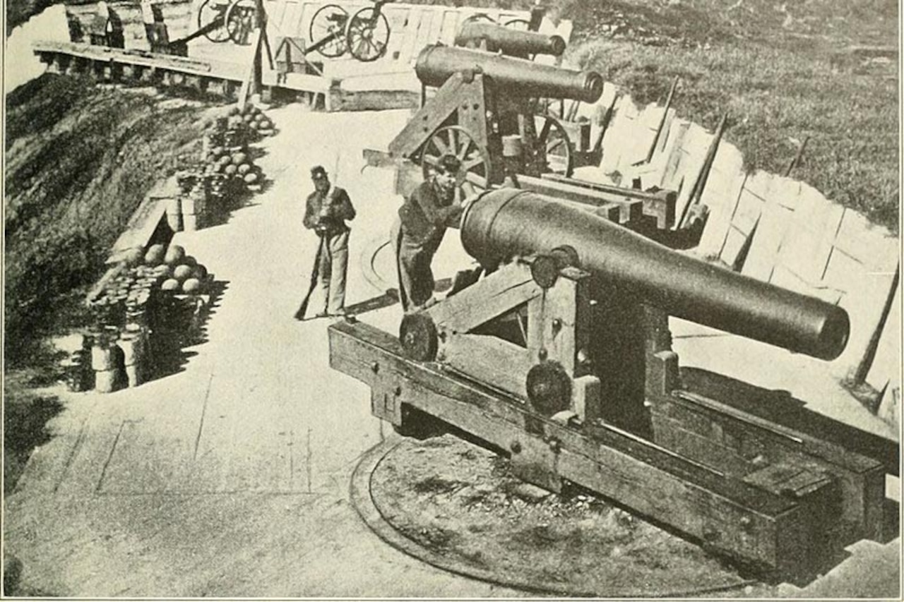 Large cannons are seen during the Civil War.