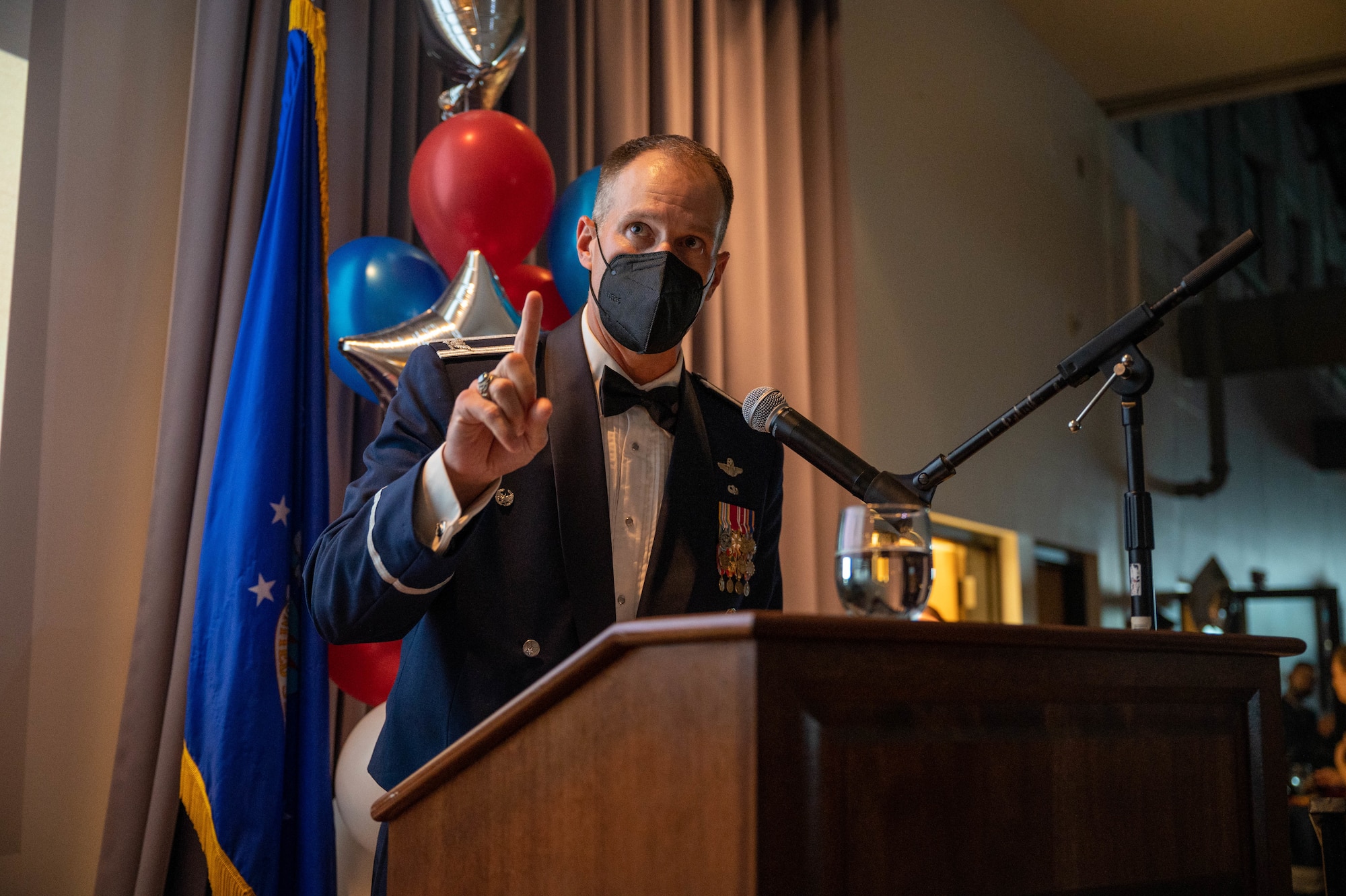 Col. Matt Husemann, 436th Airlift Wing commander, speaks during the 2021 Air Force Ball at Dover Air Force Base, Delaware, Sept. 18, 2021. The Air Force Ball is an annual event held to celebrate the Air Force’s birthday. (U.S. Air Force photo by Senior Airman Faith Schaefer)