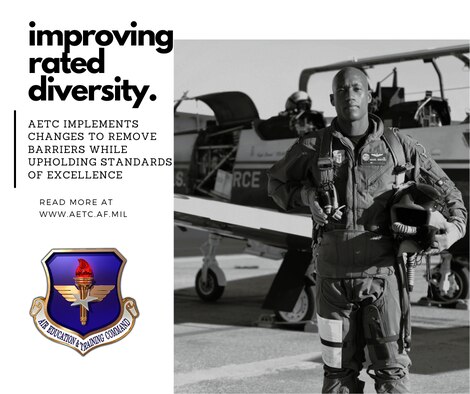 graphic of African American pilot posing in front of a T-6 Texan air frame with text stating "improving rated diversity.