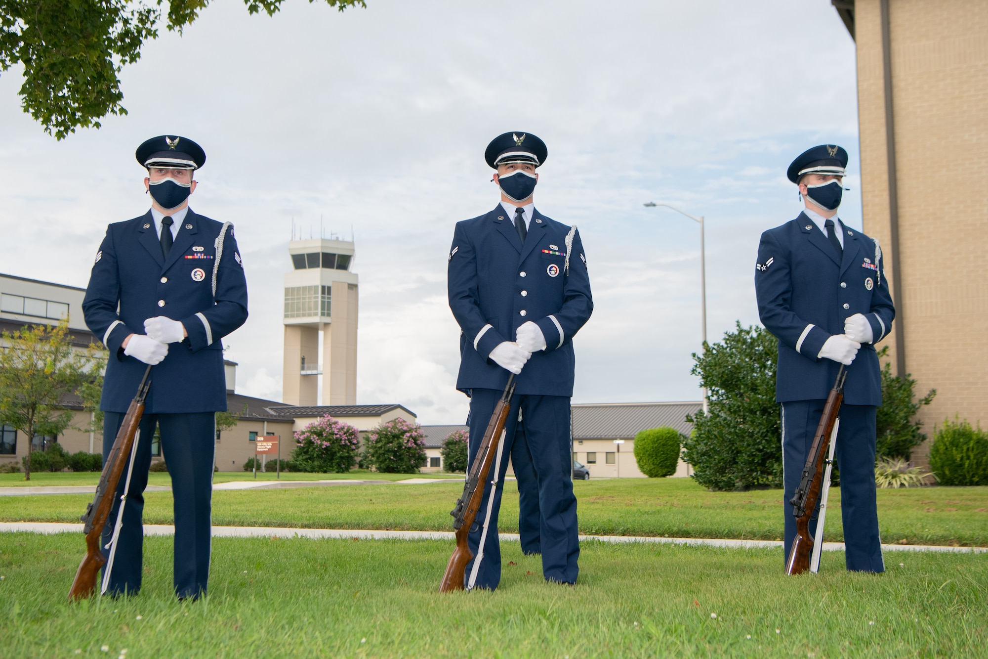 Dover Air Force Base Honor Guard members prepare to fire a volley salute during a retreat ceremony commemorating National POW/MIA Recognition Day on Dover AFB, Delaware, Sept. 17, 2021. The volley is an old battleground tradition, in which the two warring sides would cease hostilities to clear their dead from the battlefield. (U.S. Air Force photo by Mauricio Campino)