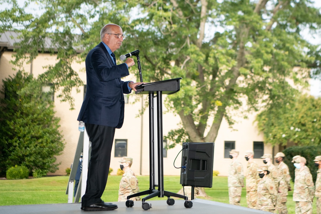 Ralph Galati, Air Force veteran and former prisoner of war, speaks at a retreat ceremony commemorating National POW/MIA Recognition Day on Dover Air Force Base, Delaware, Sept. 17, 2021. Galati was shot down over North Vietnam in 1972, and was a POW for 14 months. (U.S. Air Force photo by Mauricio Campino)