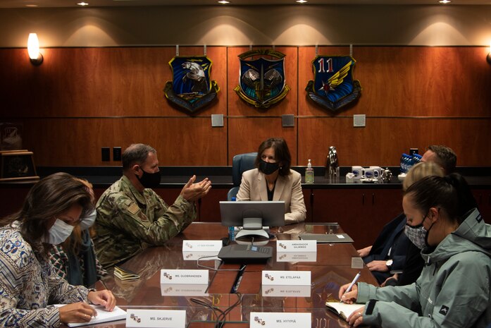 U.S. Air Force Lt. Gen. David Krumm, commander, Alaskan North American Aerospace Defense Command Region, Alaskan Command and Eleventh Air Force, sits down with Norway Ambassador Anniken Krutnes, Consul General of Finland Okko-Pekka Salmimies and their teams to prepare for the Arctic Speaker Series at Joint Base Elmendorf-Richardson, Alaska, Sept. 16, 2021. The series is part of an ongoing effort to open dialogue on the strategic importance of the Arctic.