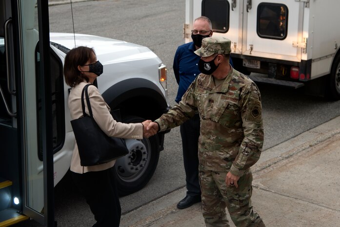 U.S. Air Force Lt. Gen. David Krumm, commander, Alaskan North American Aerospace Defense Command Region, Alaskan Command and Eleventh Air Force, greets Norway Ambassador Anniken Krutnes as she arrives for the Arctic Speaker Series at Joint Base Elmendorf-Richardson, Alaska, Sept. 16, 2021. The series is part of an ongoing effort to open dialogue on the strategic importance of the Arctic.