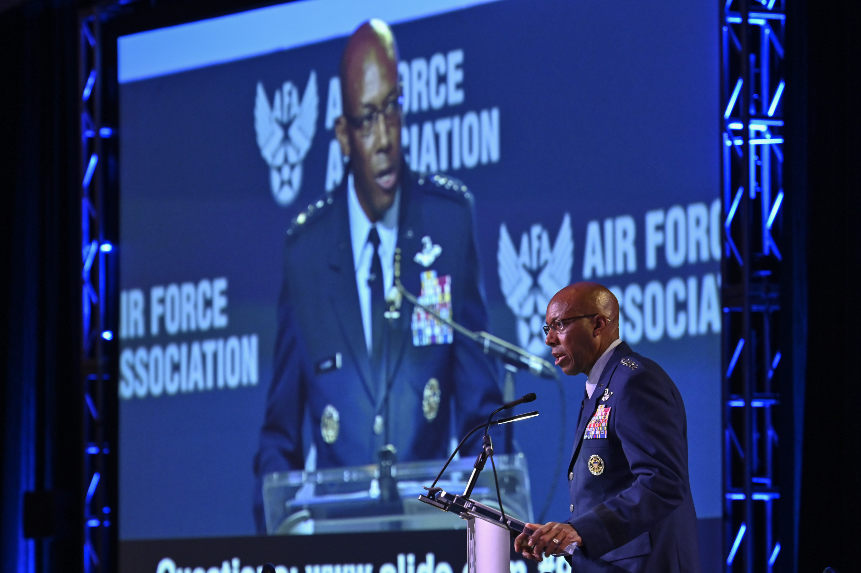 Air Force Chief of Staff Gen. CQ Brown, Jr. delivers his “Accelerate Change to Empowered Airmen” speech during the 2021 Air Force Association Air, Space and Cyber Conference in National Harbor, Md., Sept. 20, 2021.