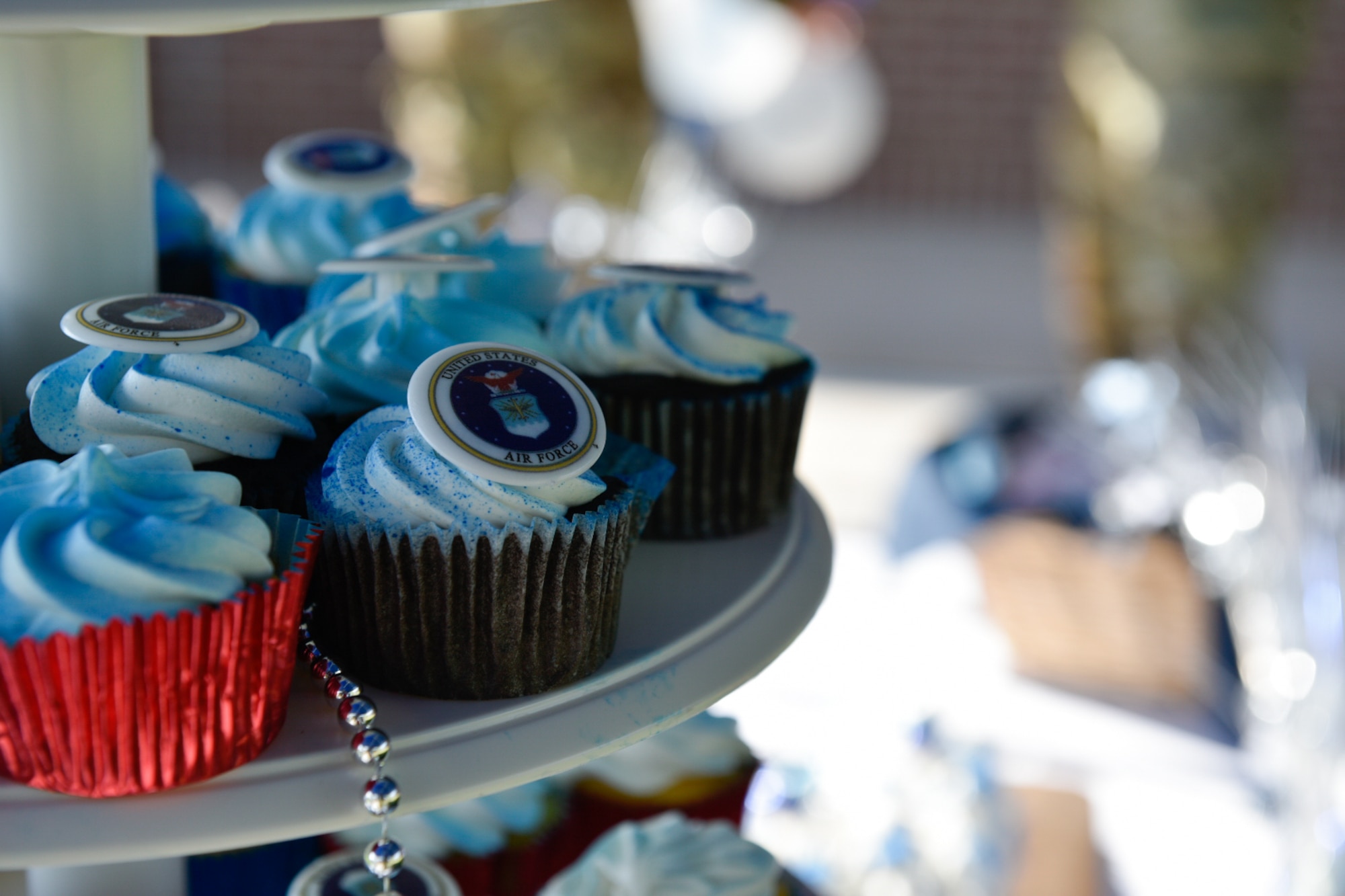 Cupcake on a stand with an air force symbol ring on top