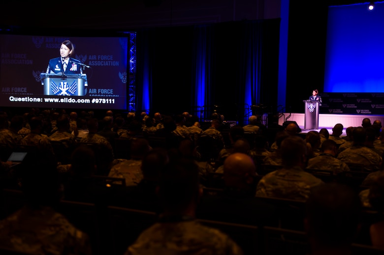 Chief Master Sgt. of the Air Force JoAnne S. Bass delivers remarks and recognizes the 12 Outstanding Airmen of the Year during the 2021 Air Force Association Air, Space and Cyber Conference in National Harbor, Md., Sept. 20, 2021.