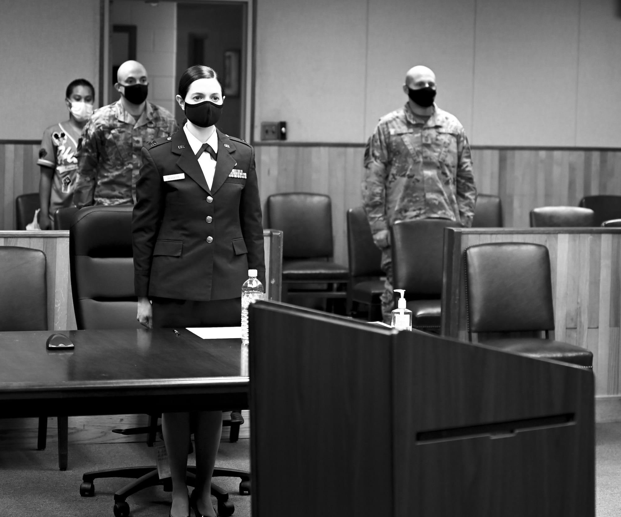 Airmen attend mock court-martial.