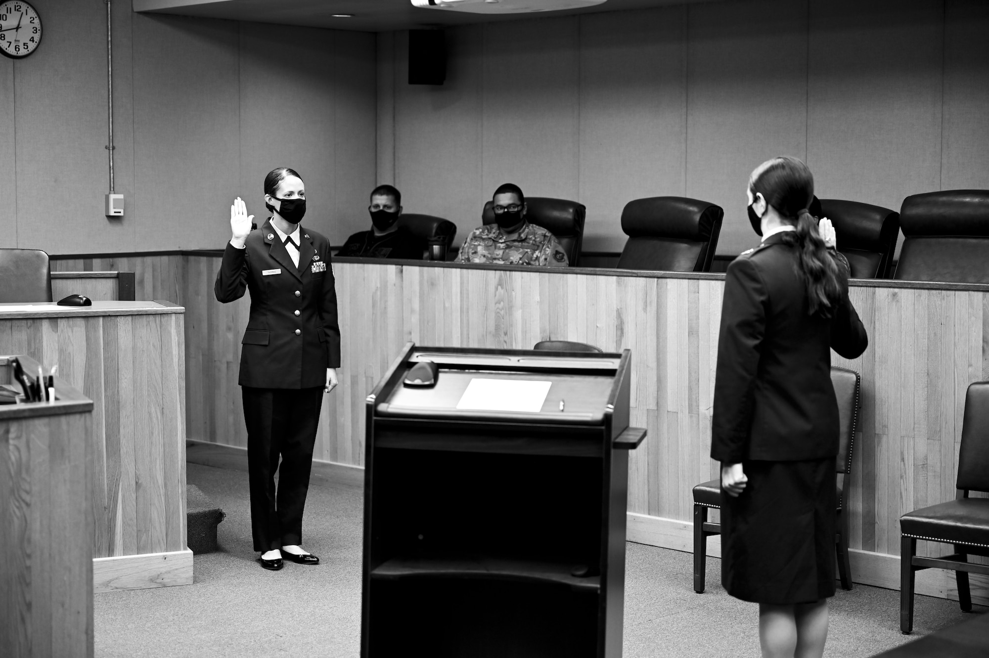 Airmen attend mock court-martial.