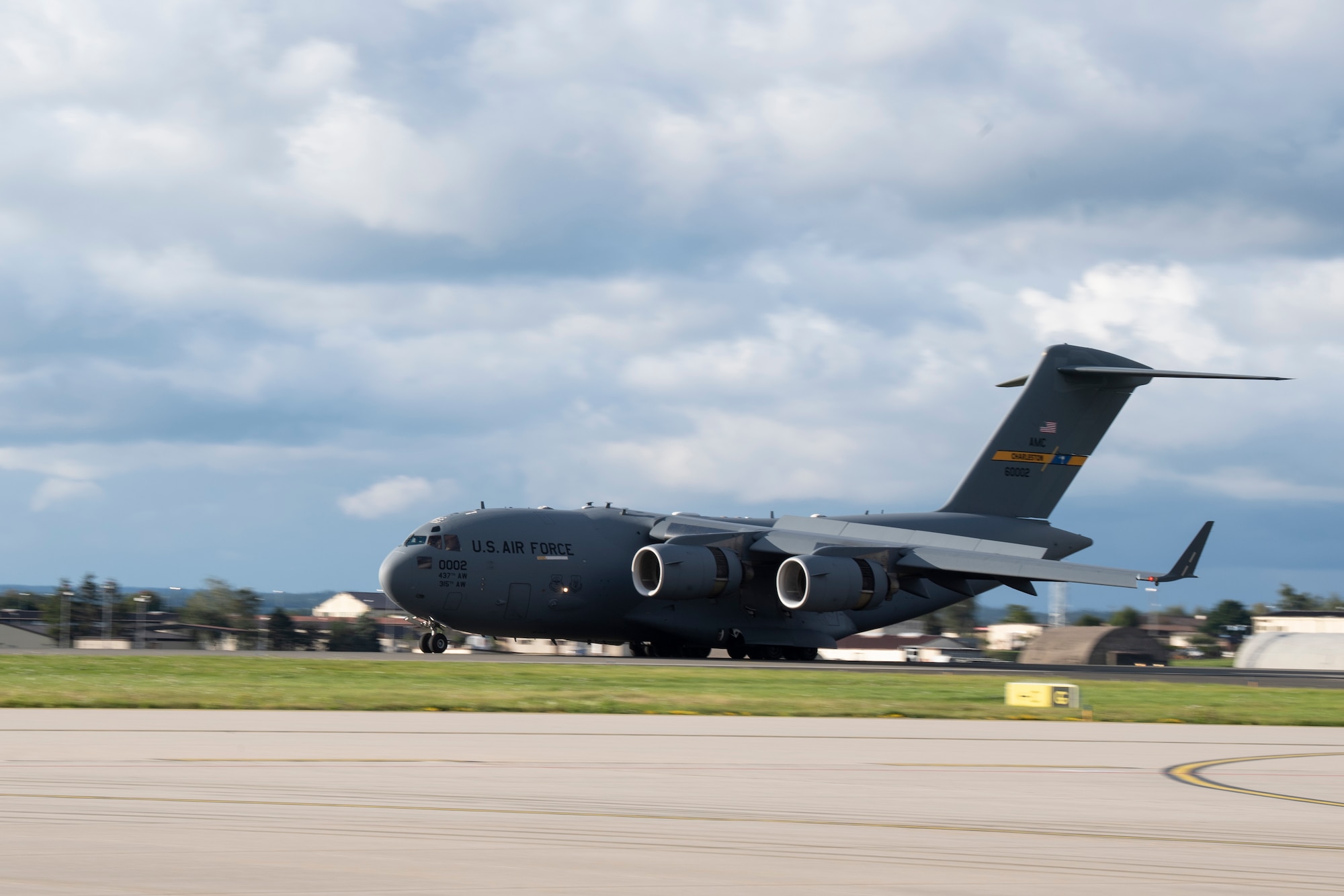 A U.S. Air Force C-17 Globemaster III from Joint Base Charleston, South Carolina, lands on the flightline of Spangdahlem Air Base, Germany, Aug. 27, 2021.