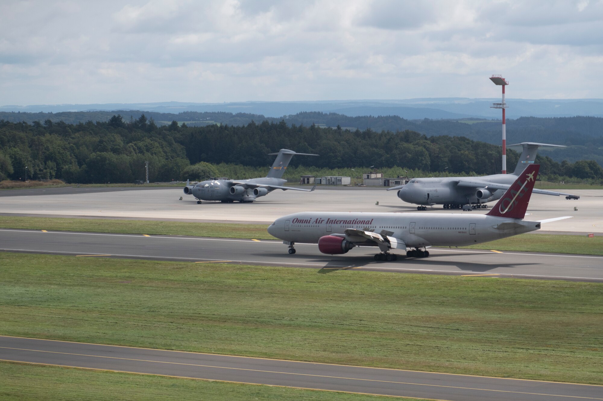 A Patriot Express airline taxis on the flightline at Spangdahlem Air Base, Germany, Aug. 23, 2021.