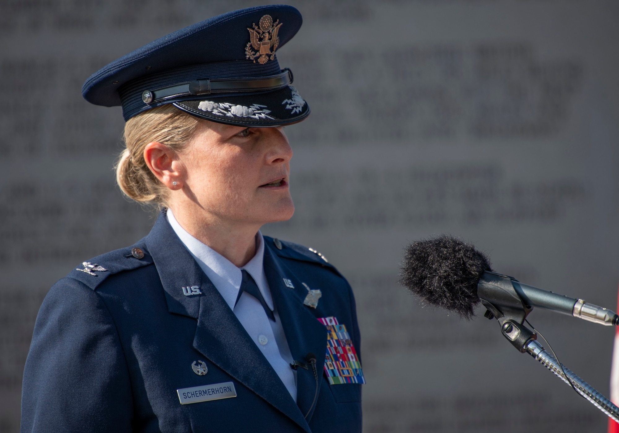 U.S. Air Force Col. Jocelyn Schermerhorn, 1st Special Operations Command commander, speaks during a Hurlburt Field 9/11 Memorial Ceremony