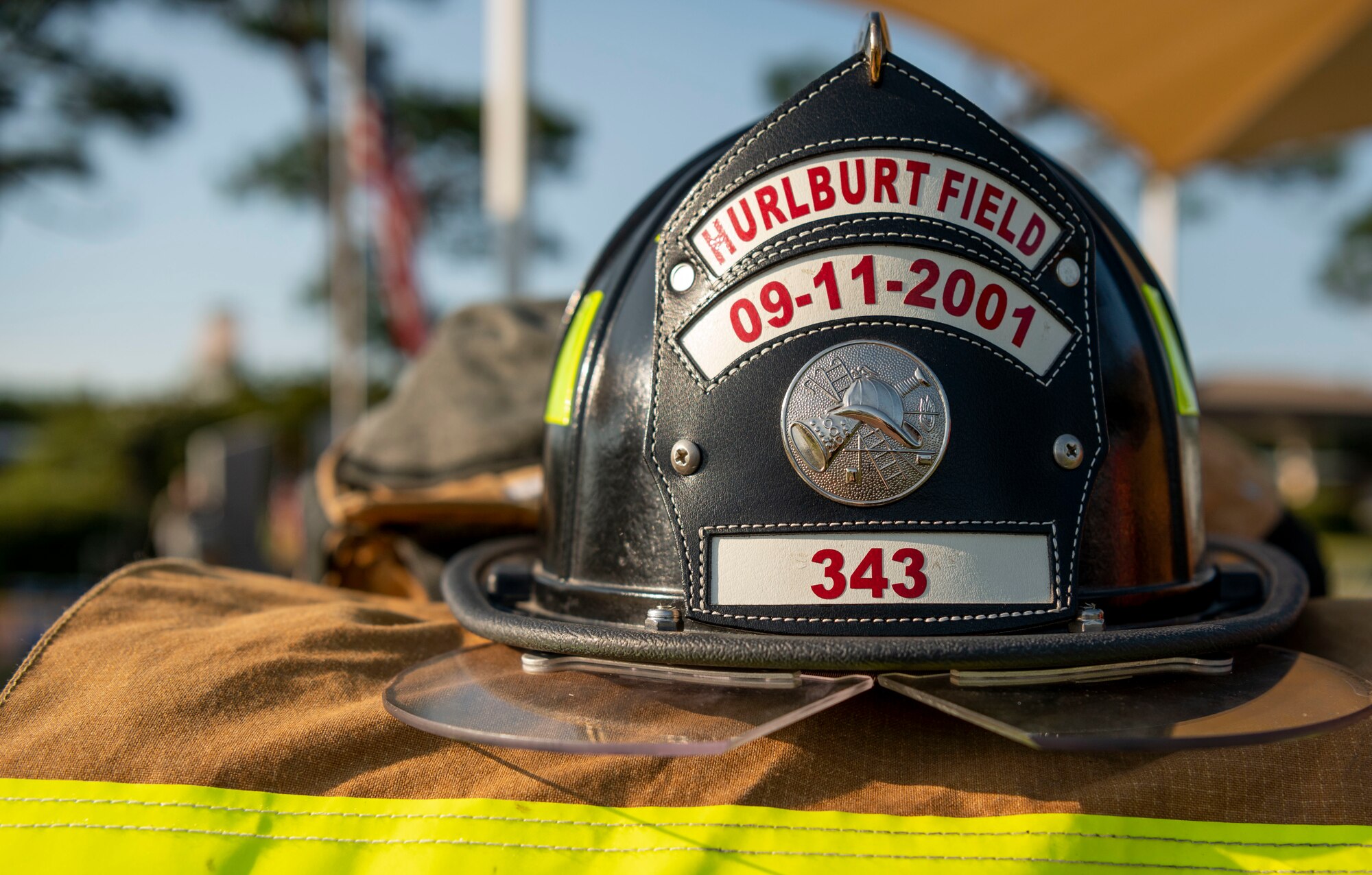 A U.S. Air Force fireman’s uniform is displayed during a Hurlburt Field 9/11 Memorial Ceremony