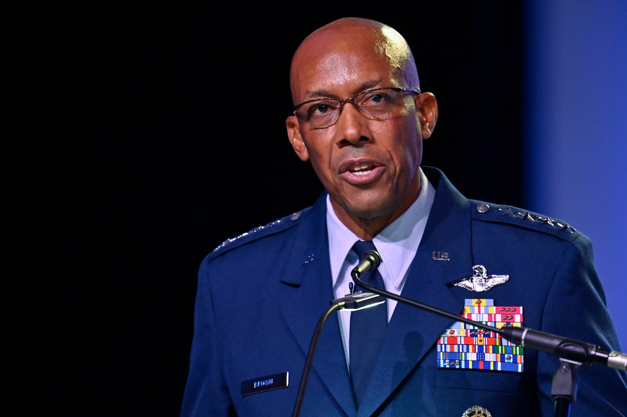 Air Force Chief of Staff Gen. CQ Brown, Jr. delivers his “Accelerate Change to Empowered Airmen” speech during the 2021 Air Force Association Air, Space and Cyber Conference in National Harbor, Md., Sept. 20, 2021.