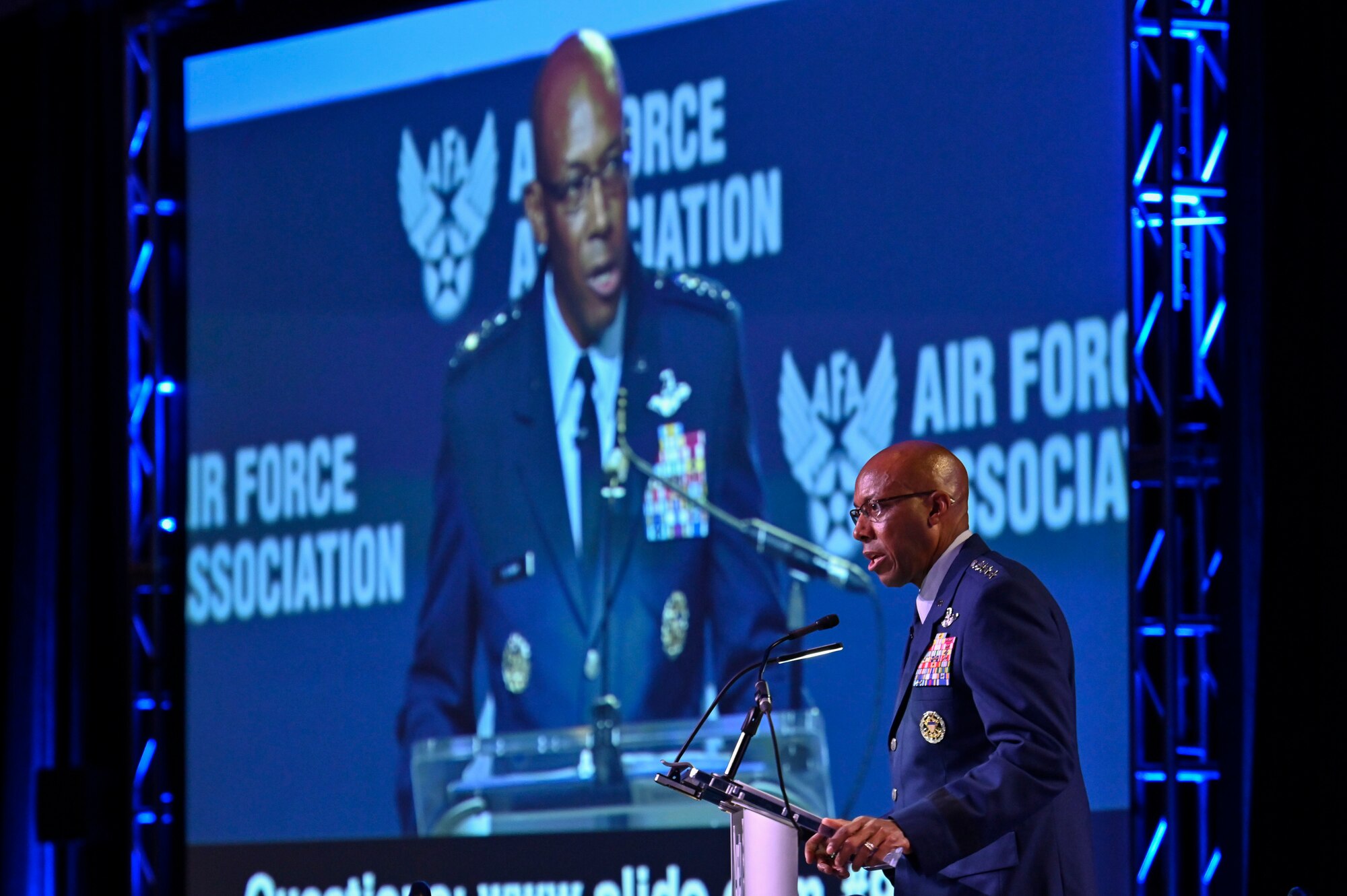 Air Force Chief of Staff Gen. CQ Brown, Jr. delivers his “Accelerate Change to Empowered Airmen” speech during the 2021 Air Force Association Air, Space and Cyber Conference in National Harbor, Md., Sept. 20, 2021.