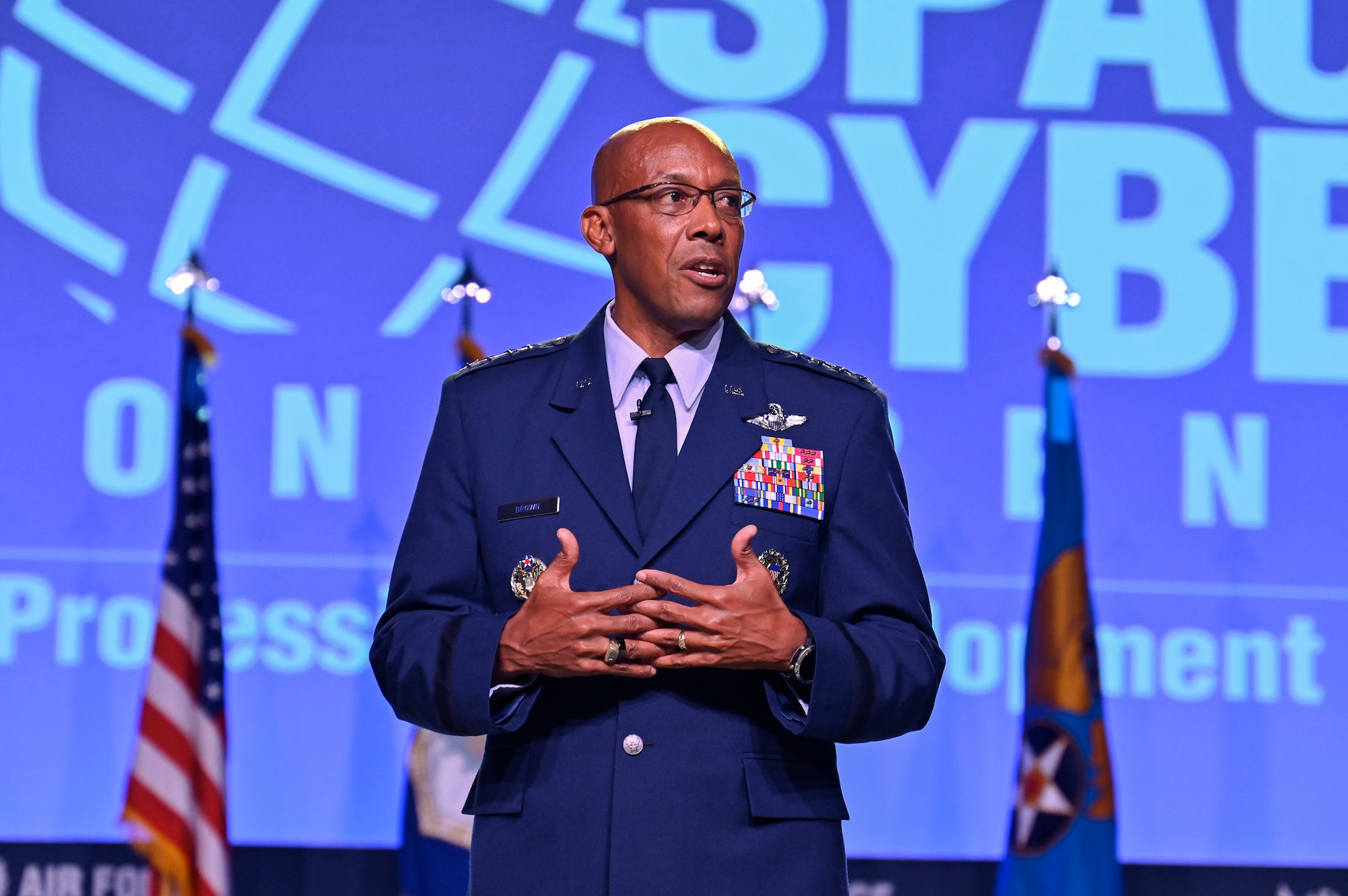 Air Force Chief of Staff Gen. CQ Brown, Jr. answers questions after delivering his “Accelerate Change to Empowered Airmen” speech during the 2021 Air Force Association Air, Space and Cyber Conference in National Harbor, Md., Sept. 20, 2021.