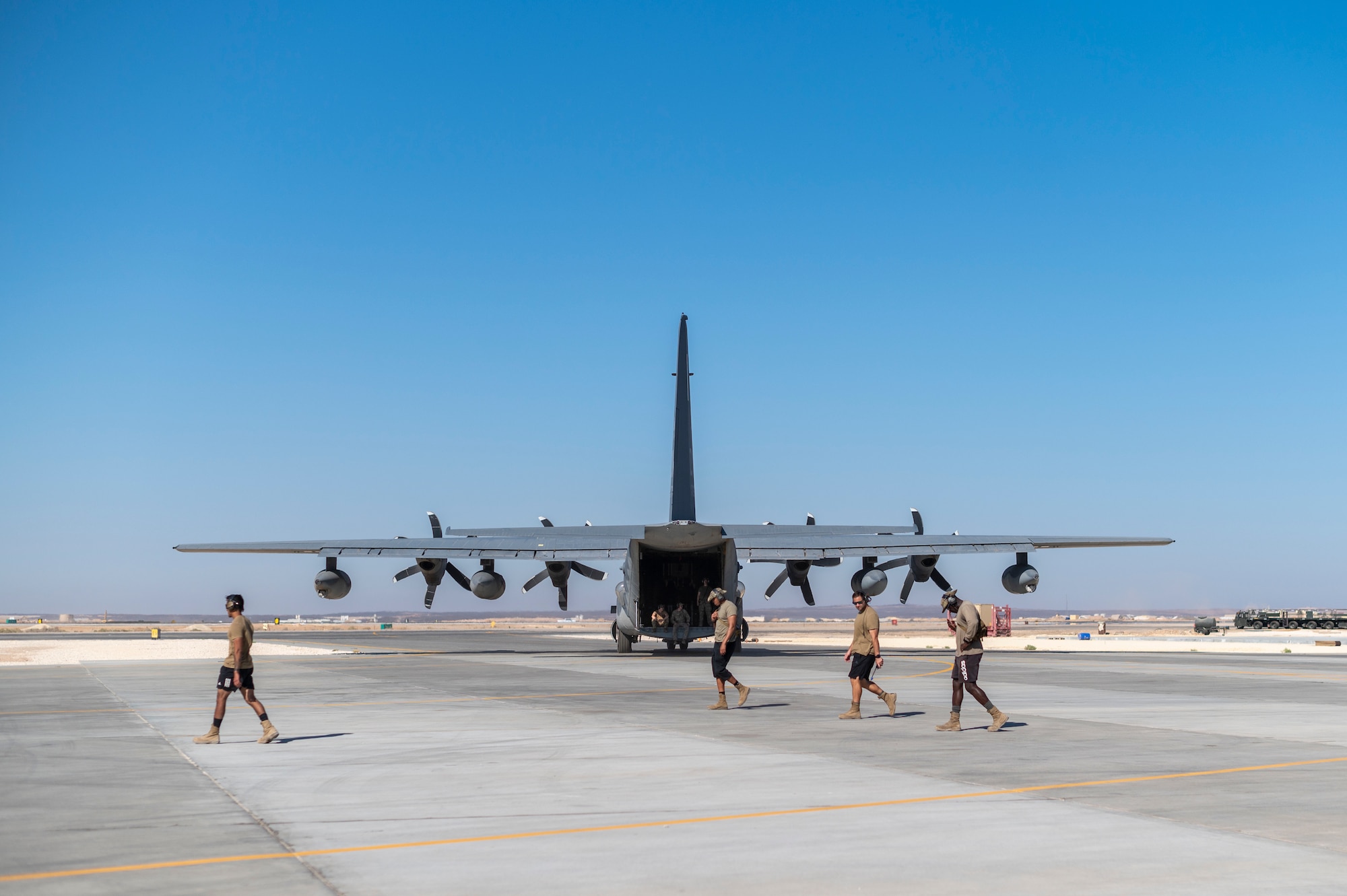 U.S. Air Force Chief Master Sgt. Sean Milligan, 332nd Air Expeditionary Wing command chief, meets with Airmen from the 26th Expeditionary Rescue Squadron Sept. 18, 2021, at an undisclosed location somewhere in Southwest Asia.