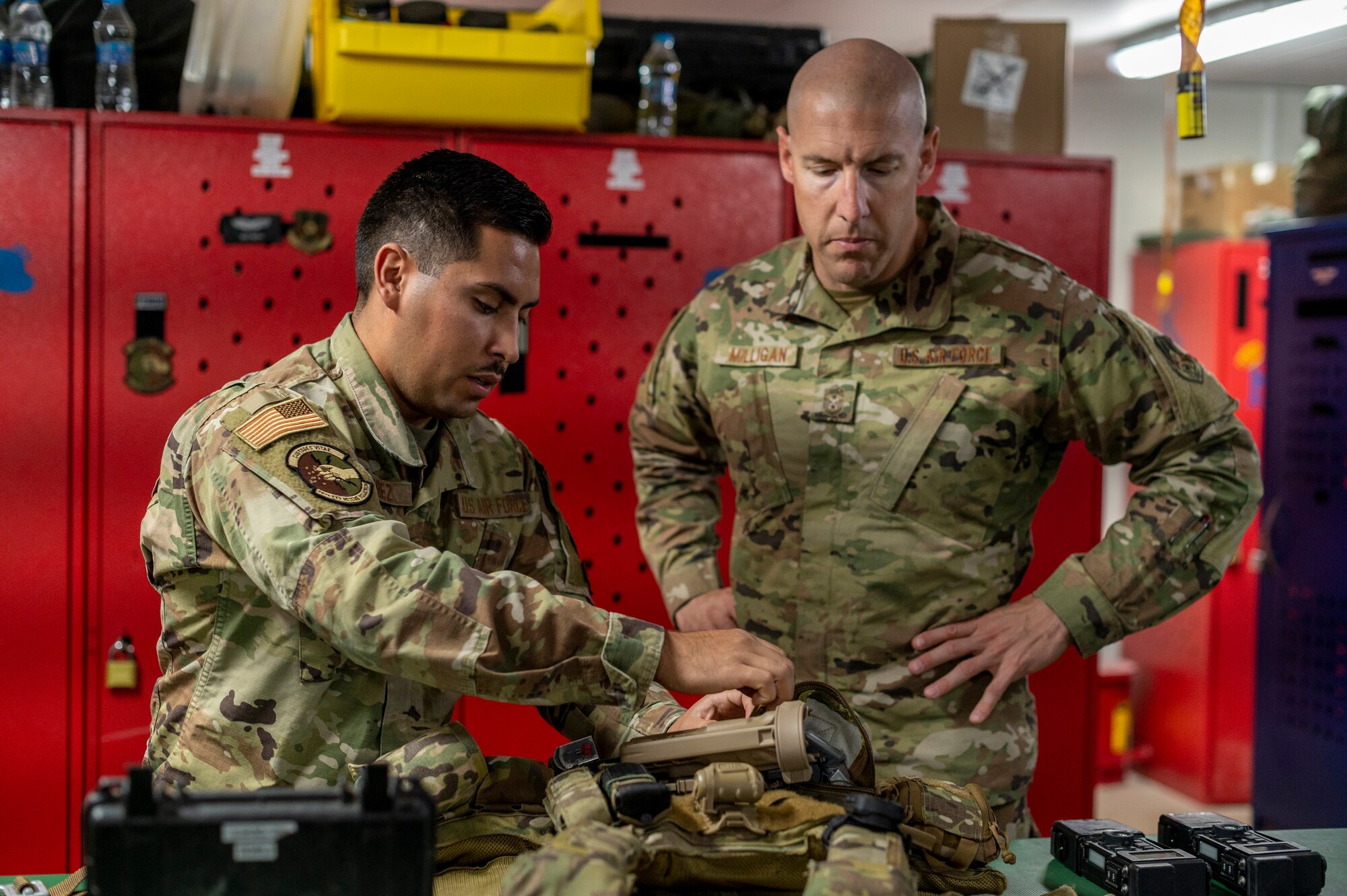 U.S. Air Force Chief Master Sgt. Sean Milligan, 332nd Air Expeditionary Wing command chief, meets with Airmen from the 26th Expeditionary Rescue Squadron Sept. 18, 2021, at an undisclosed location somewhere in Southwest Asia.