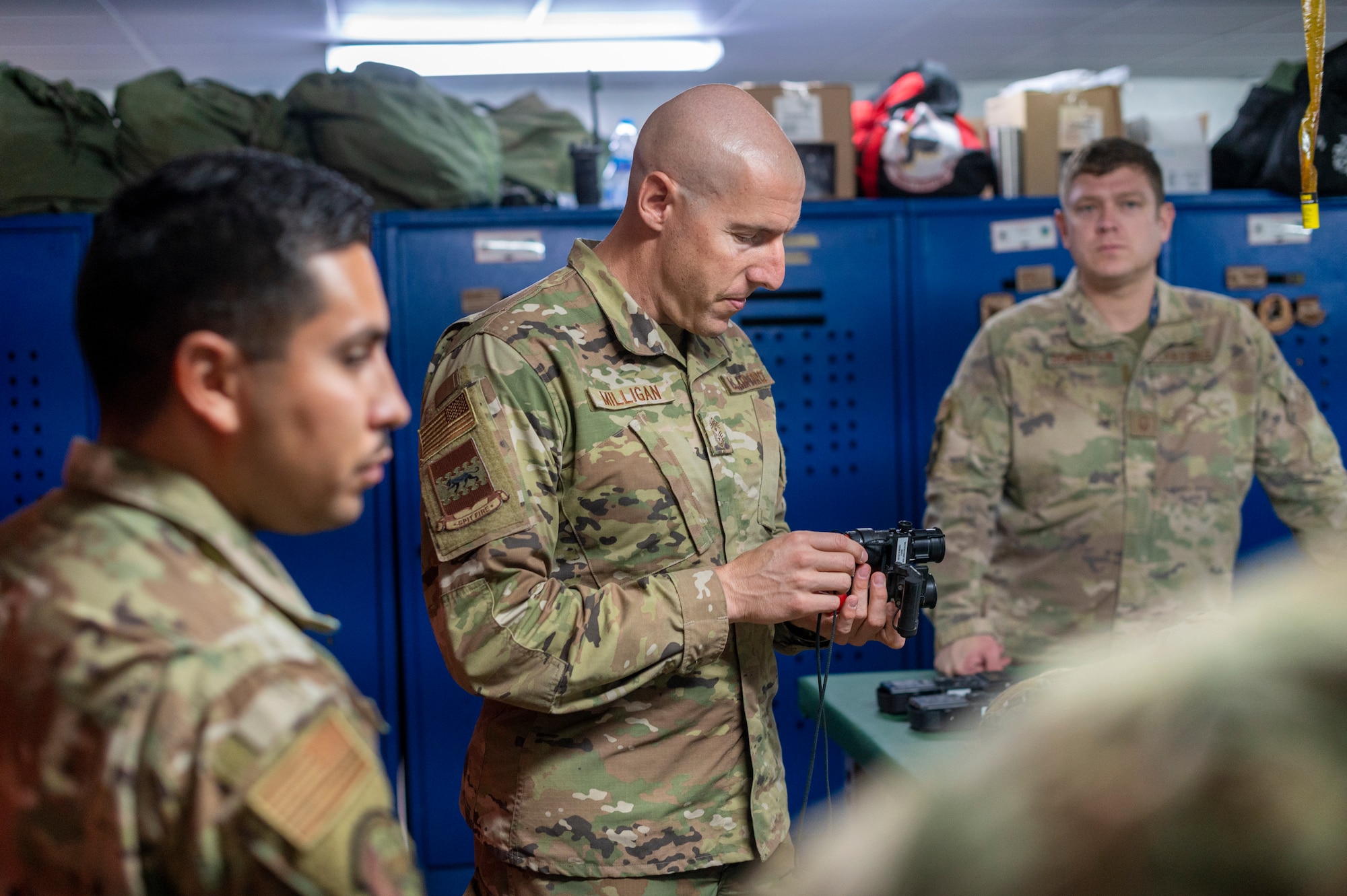 U.S. Air Force Chief Master Sgt. Sean Milligan, 332nd Air Expeditionary Wing command chief, meets with Airmen from the 26th Expeditionary Rescue Squadron Sept. 18, 2021, at an undisclosed location somewhere in Southwest Asia.